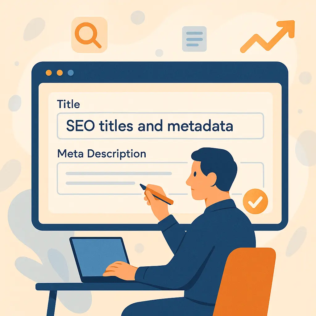 Illustration of a person writing SEO titles and meta descriptions on a blog editor screen, with checkmarks and search icons representing optimization. Flat-style vector in ThinkScribe brand colors.
