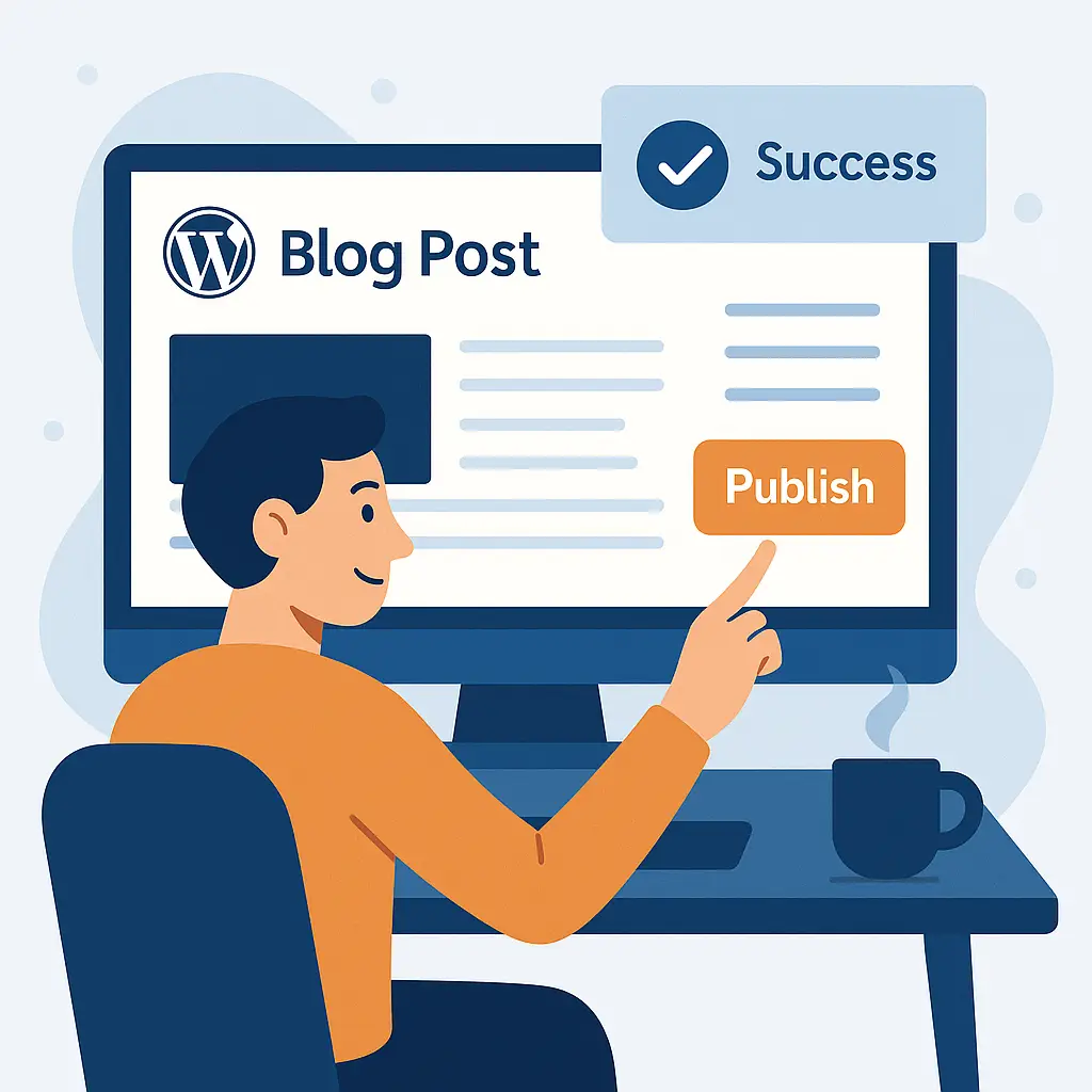Illustration of a person publishing a blog post in WordPress, with a visible “Publish” button and success confirmation. Flat, clean vector style using ThinkScribe’s colour palette.