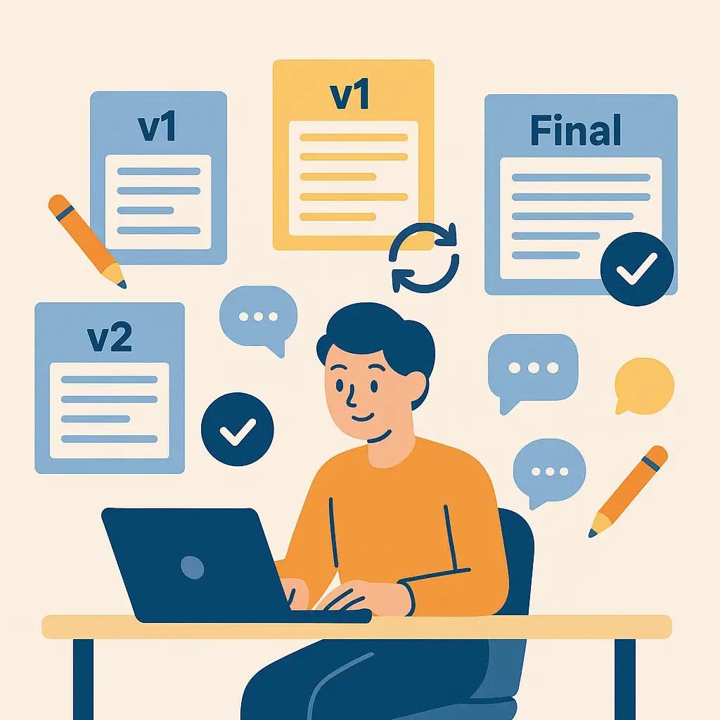 Illustration of a person reviewing multiple blog post drafts labeled v1, v2, v3, and Final, surrounded by comment bubbles, edit icons, and arrows to represent unlimited content revisions. Flat, clean vector style in ThinkScribe brand colours.