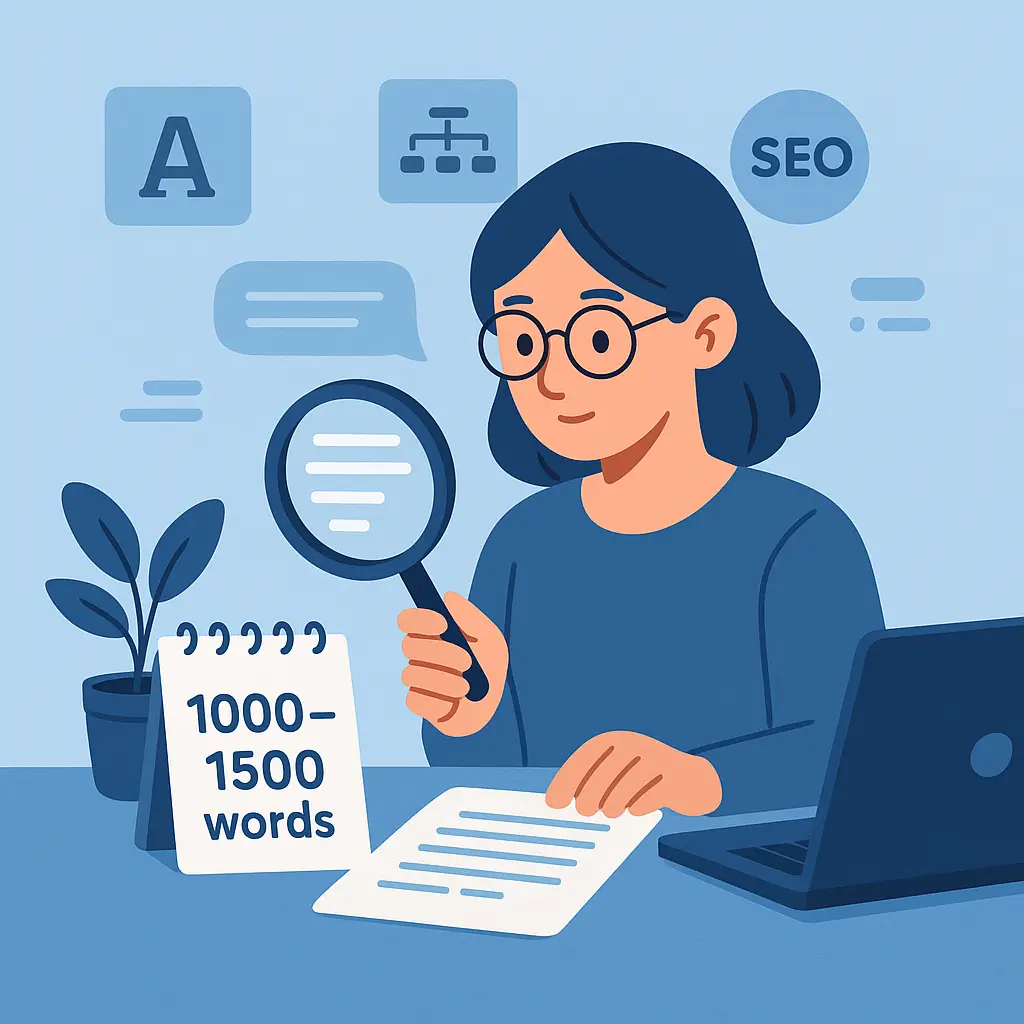 Illustration of a long-form blog post being drafted on screen. A person is seated beside stacked paper sheets labeled v1, v2, and Final. Icons for paragraphs, magnifying glasses, and arrows suggest depth and SEO coverage. Flat-style vector in ThinkScribe colours.