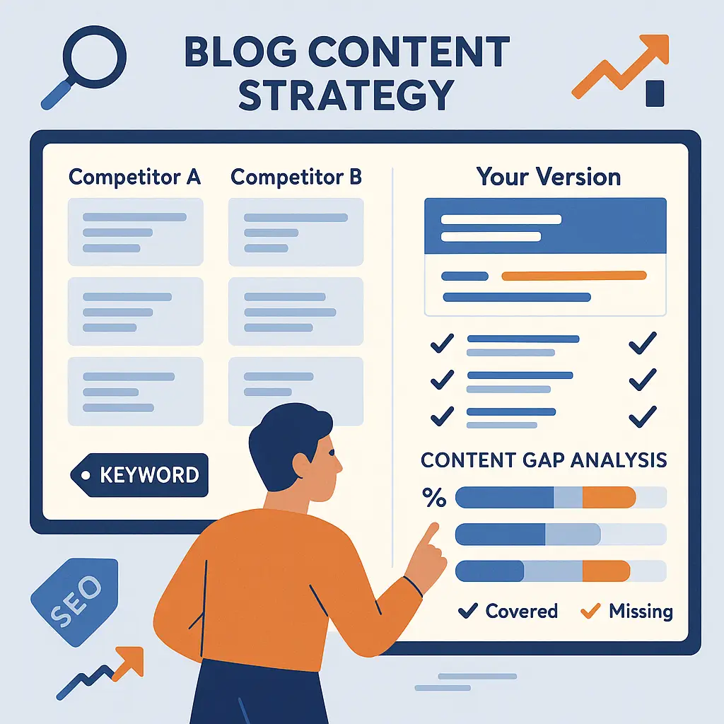 Flat-style illustration showing a person analyzing blog strategies from Competitor A and B, with a content gap chart comparing them to an optimized version labeled “Your Version.” Clean, modern SEO design.