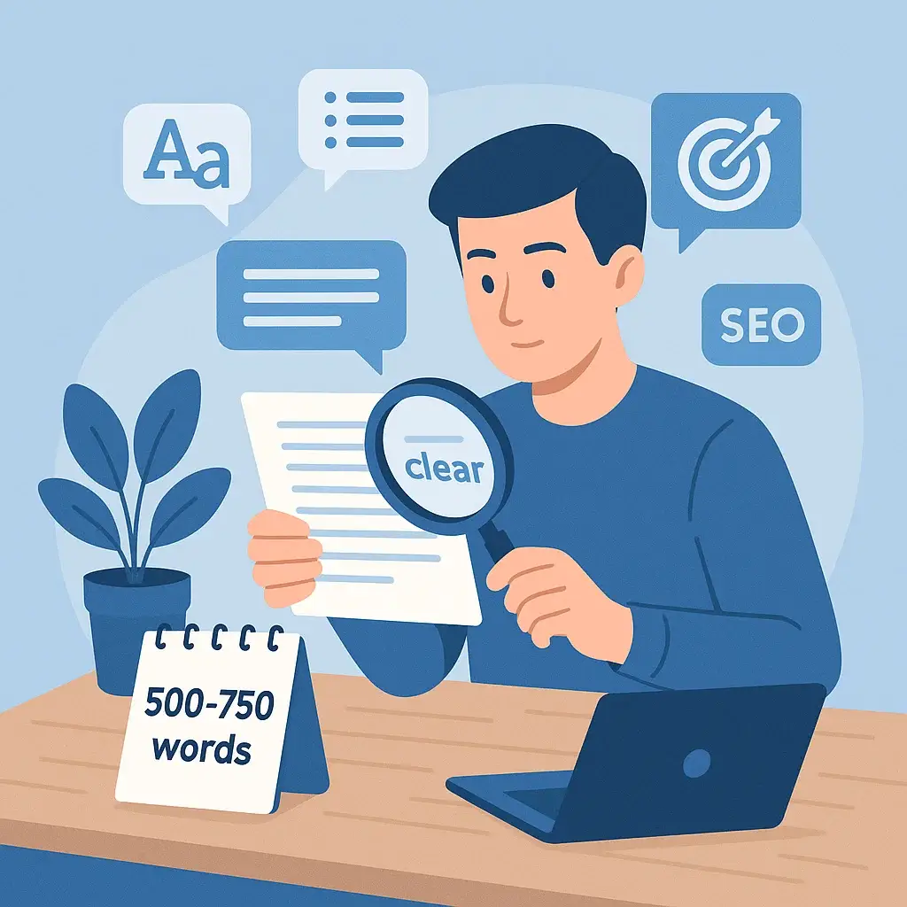 Illustration of writer creating a 750-word blog post for SEO content marketing