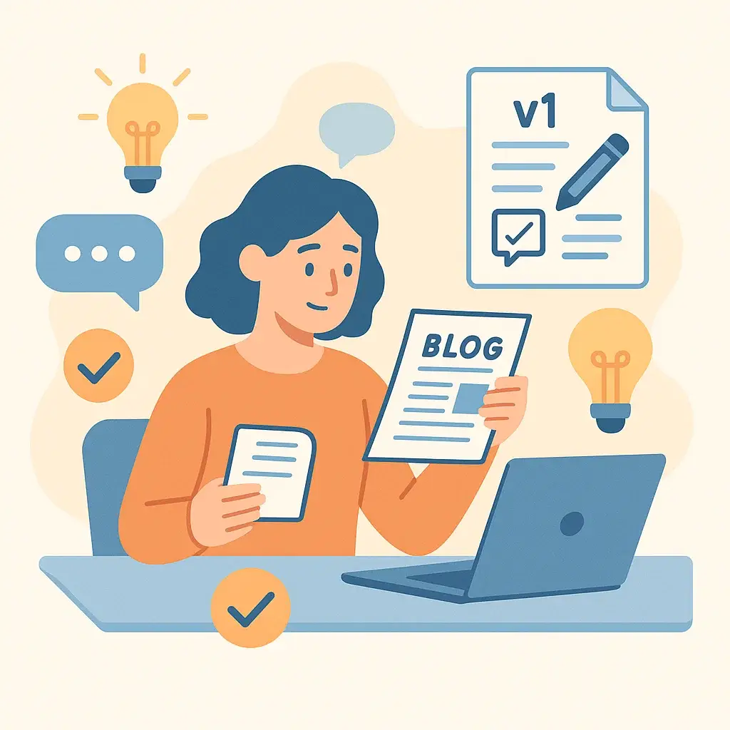 Person writing social media captions on a laptop, with floating UI elements from platforms like Instagram and Facebook showing marketing phrases